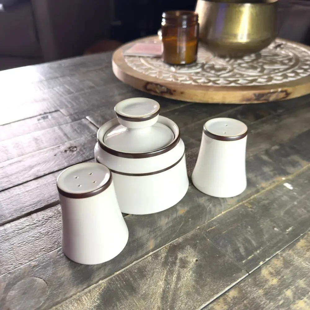 Noritake White Ceramic Spice Jar and Salt & Pepper Shakers with Brown Trim